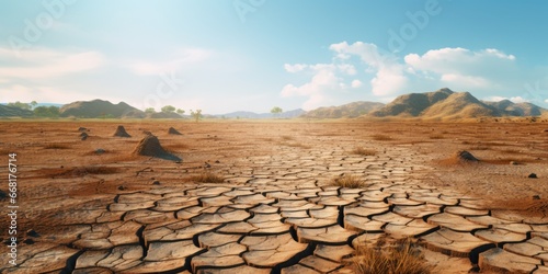 A picture of a desert area with dry, cracked ground and majestic mountains in the background. Suitable for various uses, such as illustrating climate change, arid landscapes, or travel destinations.