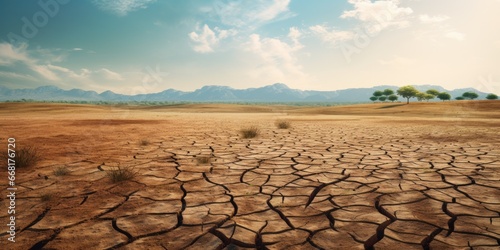 A picture of a dry, cracked field with trees and mountains in the background. This image can be used to depict drought, arid landscapes, or the effects of climate change.