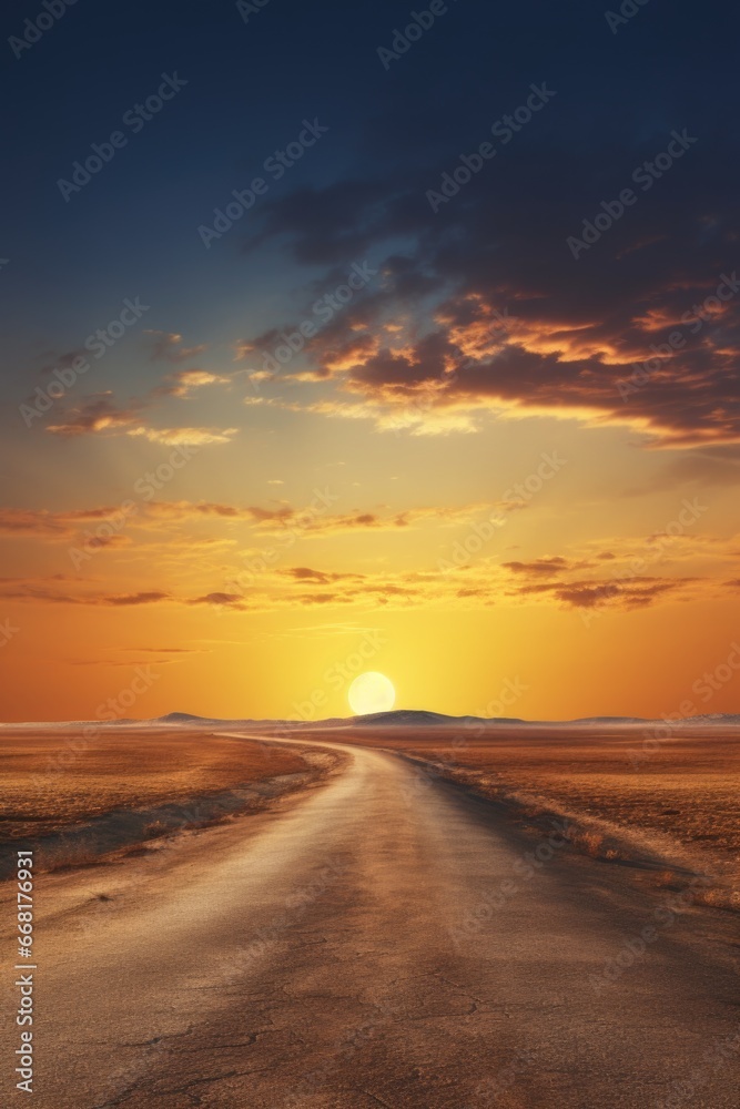 A serene image of an empty road stretching through a vast desert at sunset. Perfect for travel, adventure, and solitude-themed projects. A serene image of an empty road stretching through a vast desert at sunset. Perfect for travel, adventure, and solitude-themed projects.