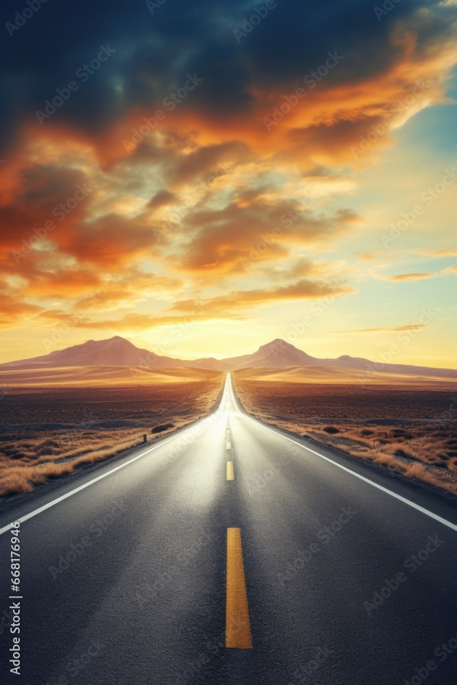 A picture of an empty road stretching through the vast desert landscape. This image can be used to depict solitude, travel, adventure, or the concept of a journey into the unknown.