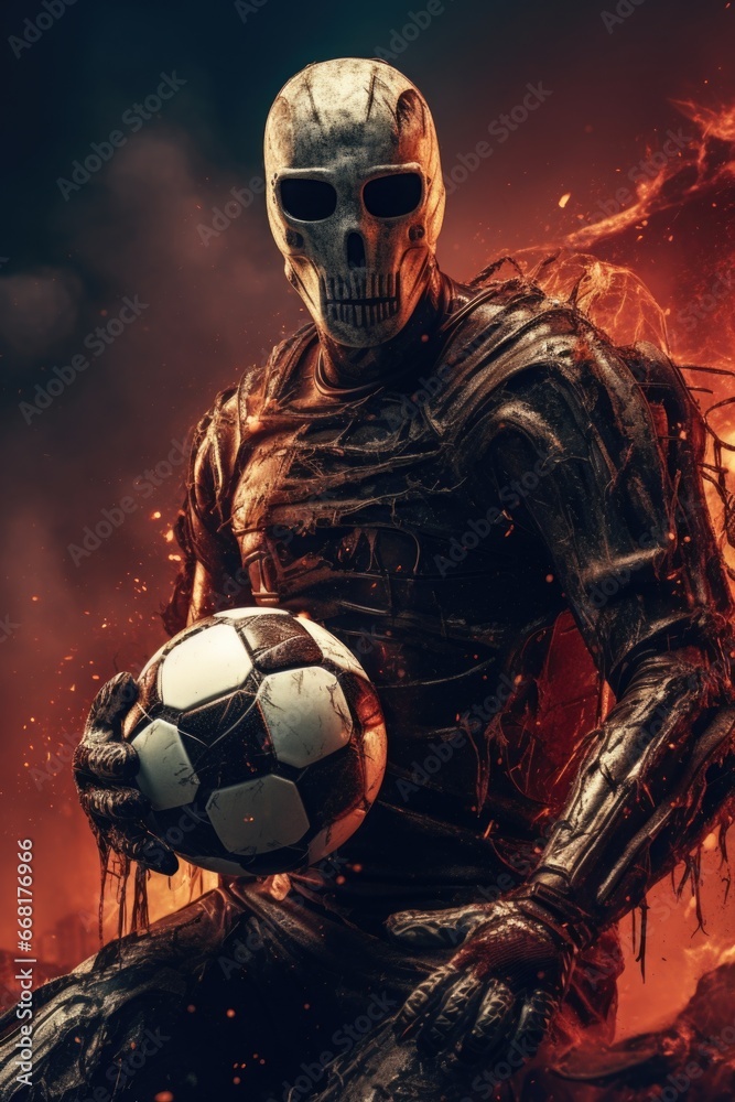 Fototapeta premium A skeletal figure is seen holding a soccer ball in front of a blazing fire. This image can be used to depict concepts such as passion, competition, or danger.