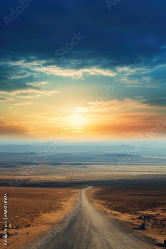 A picture of a dirt road in the middle of a desert. This image can be used to depict isolation, adventure, or travel in arid landscapes.