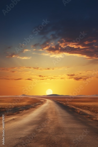 A serene image of an empty road stretching through a vast desert at sunset. Perfect for travel, adventure, and solitude-themed projects.