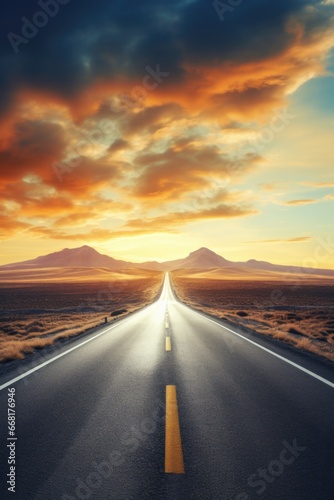 A picture of an empty road stretching through the vast desert landscape. This image can be used to depict solitude, travel, adventure, or the concept of a journey into the unknown.