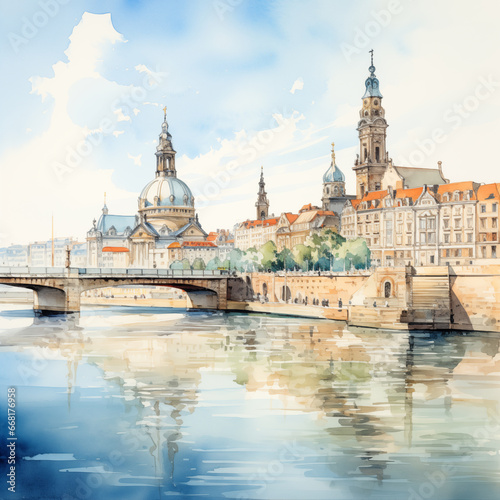 Watercolor painting of Dresden, Germany with its typical sights, in sunny day, in minimalist style.
