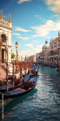 Several gondolas floating in a canal with buildings in the background. Suitable for travel and tourism themes.