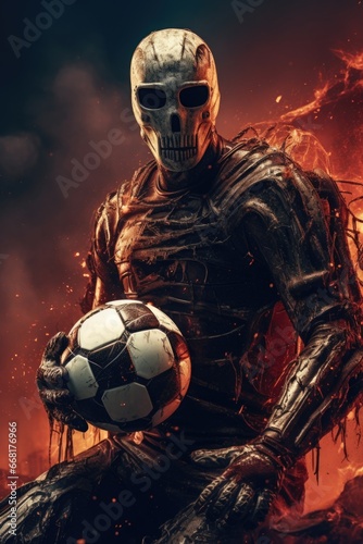 A skeletal figure is seen holding a soccer ball in front of a blazing fire. This image can be used to depict concepts such as passion, competition, or danger.