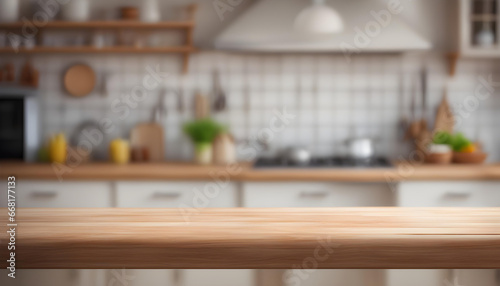 Wooden kitchen table on blurred background © PhotoPhreak