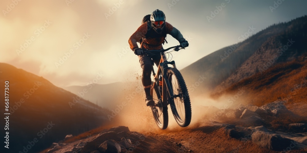 A man is seen riding a bike down a dirt road. This image can be used to represent outdoor activities or leisurely bike rides in natural settings.