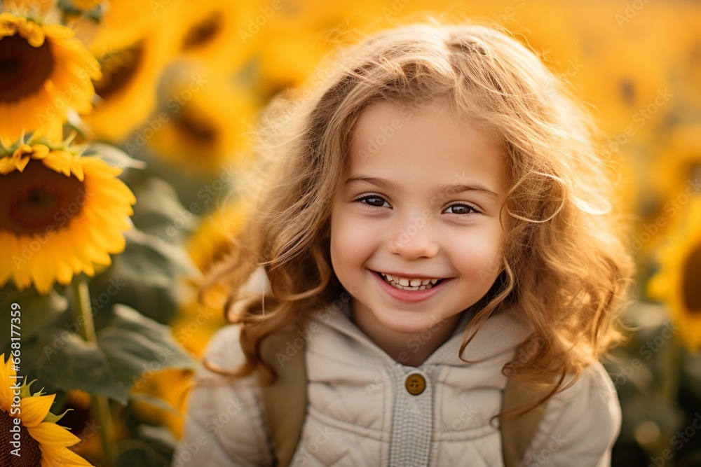 Beautiful little girl in a sunflower meadow with curled hair naturals Beautiful little girl in a sunflower meadow with curled hair naturals