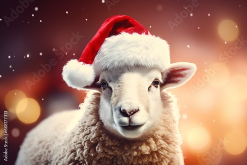 a sheep wearing Santa hat winter holidays card poster