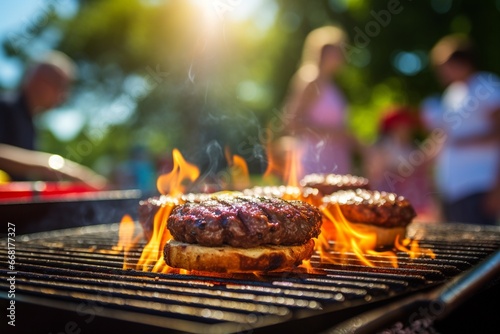 Burger cooking on grill delicious tasty meal