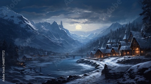A serene winter morning, with the first light of dawn casting a gentle glow over a peaceful, snow-covered village.