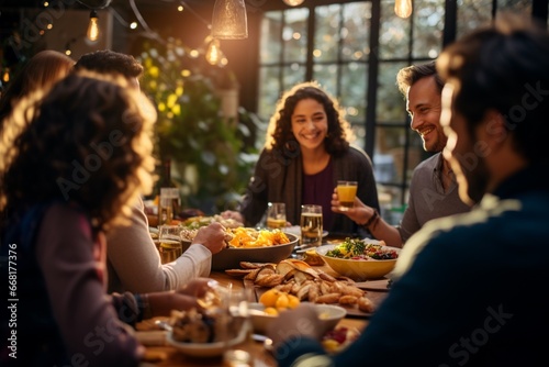 Family at Thanks Giving dinner together happy smiling enjoying meals