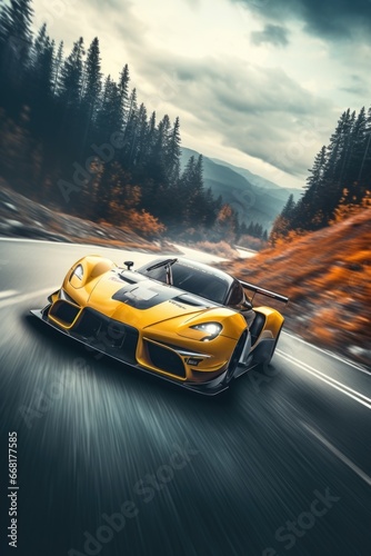 A yellow sports car is pictured driving down a road. This image can be used to depict speed, luxury, or a road trip adventure. © Fotograf