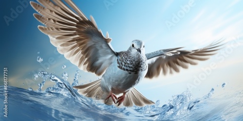 A serene image of a white bird gracefully soaring over a peaceful body of water. 