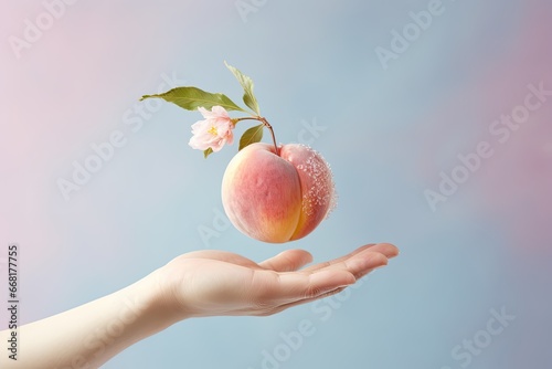 Creative composition with levitating halved peach against pastel powder background. Balanced vegan diet idea.