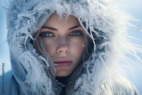 A woman wearing a hooded jacket looking directly at the camera. 