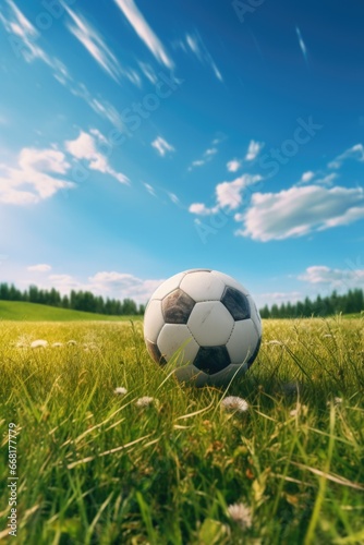A soccer ball sitting in the middle of a field. Can be used to depict sports, outdoor activities, or recreational games.