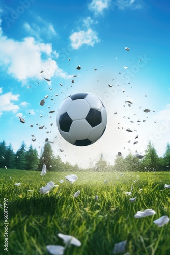 A soccer ball flying through the air. Can be used for sports-themed designs or illustrations.
