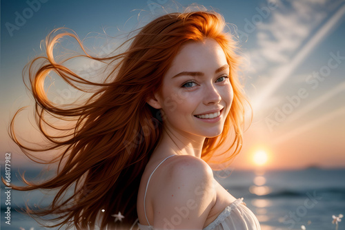 Red hair woman on the beach at sunset photo