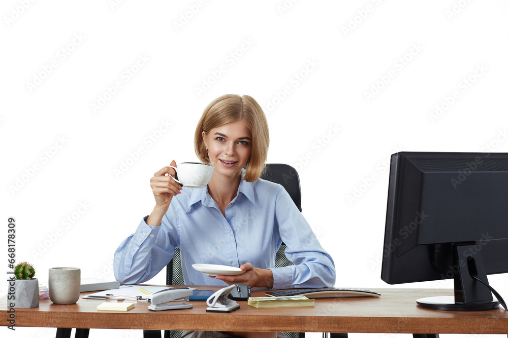 blonde businesswoman using PC computer, drinking coffee blonde businesswoman using PC computer, drinking coffee
