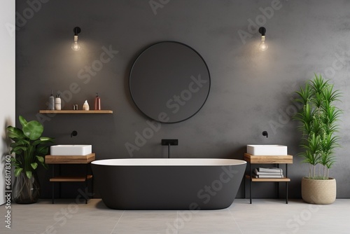 A dark minimalist bathroom with a sleek bathroom vanity photo