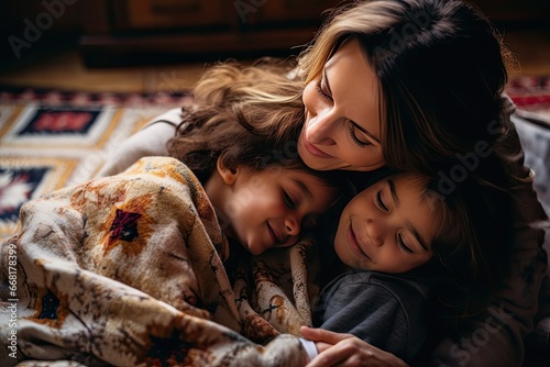 Mother and daughter lying in bed, in the style of texture play, indigenous culture, joyful and optimistic,  © hisilly