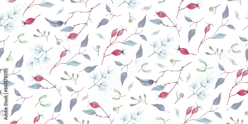 Watercolor Christmas seamless pattern. Hand drawn illustration with rose hip isolated on white background. Vector EPS.