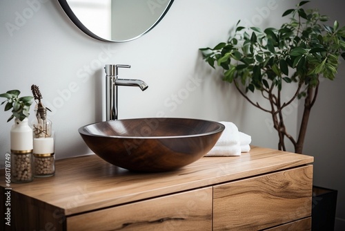Close up of modern basin with mirror