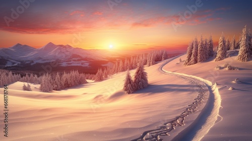 A sled track down a hillside, illuminated by the warm glow of a setting sun, with the promise of an exciting evening ahead.