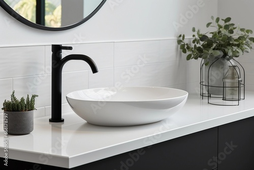 Close up of modern basin with mirror