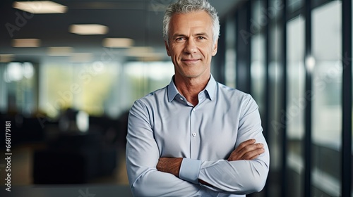 Content and confident middle-aged executive businessman in his 50s stands in his office, exuding a warm smile. This mature and self-assured professional manager and successful businessman investor 