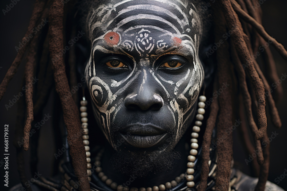 Portrait of an adult serious African tribal man with traditional face paint and dreadlocks looking at camera