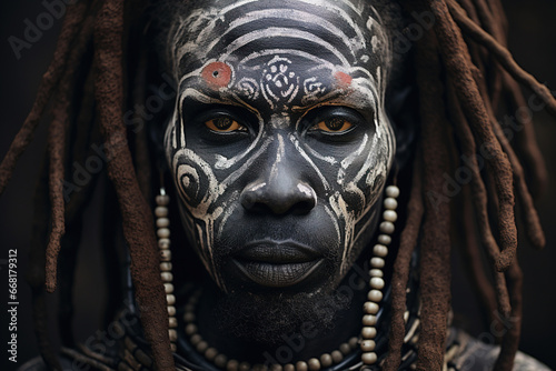 Portrait of an adult serious African tribal man with traditional face paint and dreadlocks looking at camera photo