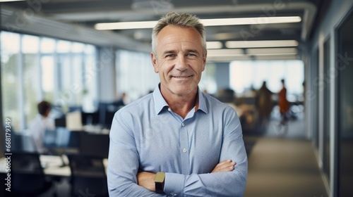 Content and confident middle-aged executive businessman in his 50s stands in his office  exuding a warm smile. This mature and self-assured professional manager and successful businessman investor 