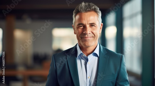 Content and confident middle-aged executive businessman in his 50s stands in his office, exuding a warm smile. This mature and self-assured professional manager and successful businessman investor 
