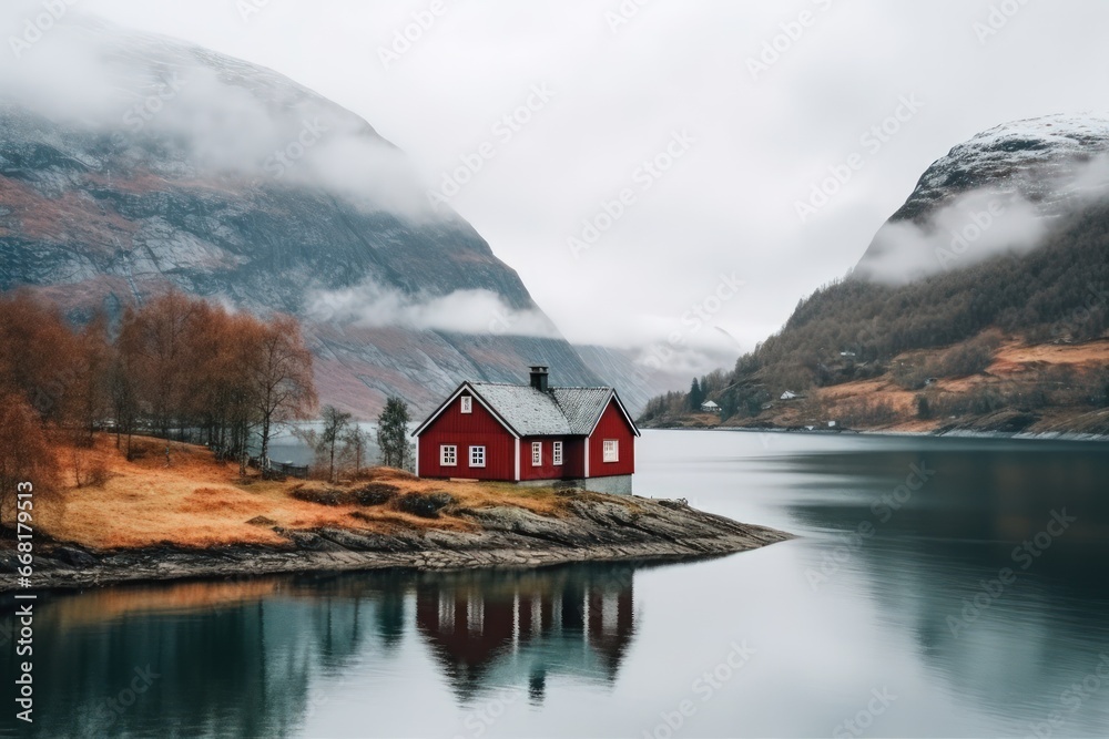 Fototapeta premium A small wooden house in a coniferous forest on the lakeshore. A place for privacy and escape from the bustle of the city. House in a national park on the shore of a picturesque lake.