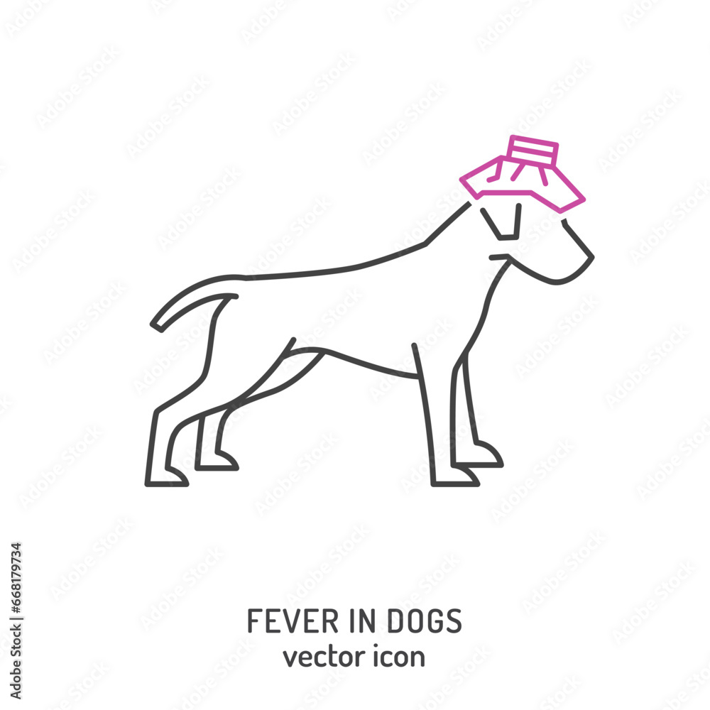 Dog fever and lethargy icon. Hyperthermia in dogs.