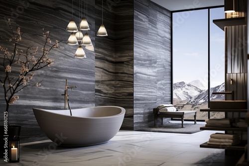 Modern luxury bathroom  marble walls  panorama