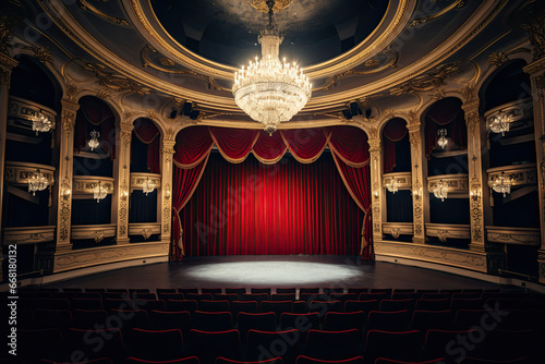 An empty theatre stage , Velvet curtains, ornate gold detailing, and a chandelier with lights hanging from the ceiling.