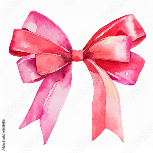 Beautiful red and pink watercolor ribbon bow isolated on a white background
