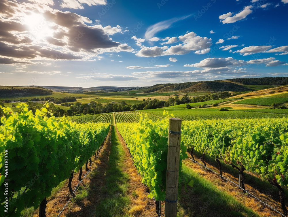 A stunning vineyard view with neatly arranged rows of grapevines under a clear sky.