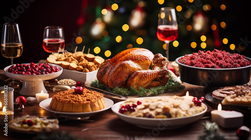 A table laden with festive dishes  from roast turkey to pies  Christmas party  blurred background  with copy space