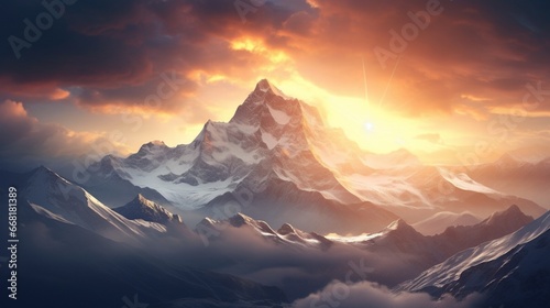 A snow-covered mountain range at dawn, with the sun's golden light breaking through the clouds.