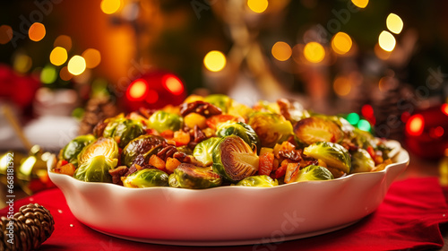 A colorful bowl of Brussels sprouts roasted with chestnuts, Christmas party, blurred background, with copy space photo