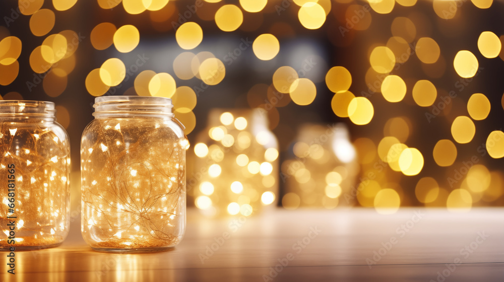 Glass jars filled with fairy lights for a twinkling effect, Christmas party, blurred background, with copy space Glass jars filled with fairy lights for a twinkling effect, Christmas party, blurred background, with copy space