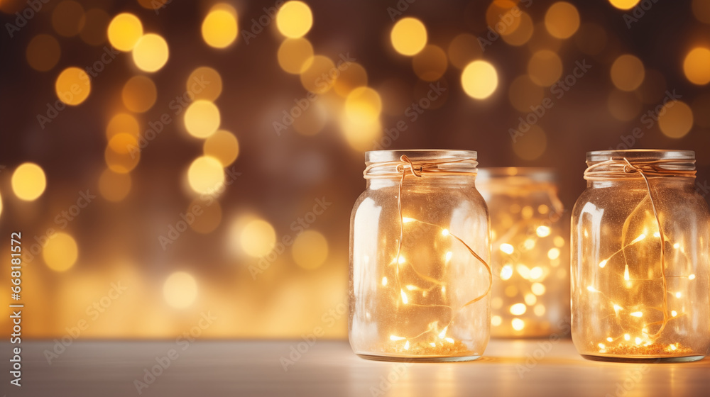 Glass jars filled with fairy lights for a twinkling effect, Christmas party, blurred background, with copy space Glass jars filled with fairy lights for a twinkling effect, Christmas party, blurred background, with copy space