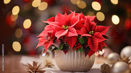 A beautiful bouquet of poinsettias or Christmas roses as the centerpiece, Christmas party, blurred background, with copy space