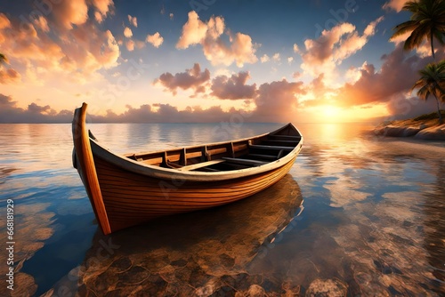  a wooden boat, in the water, at the beach, in the evening, beautiful sunset , natural view